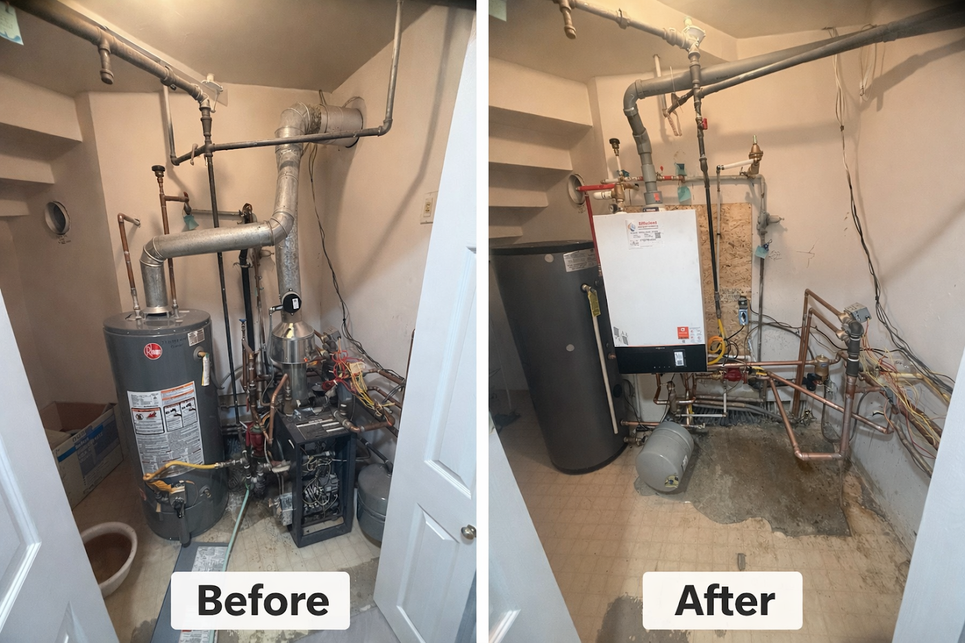Boiler replacement layout — wall-mounted boiler and adjacent tank Before-and-after equipment room with a floor-standing boiler replaced by a wall-mounted boiler beside a tank