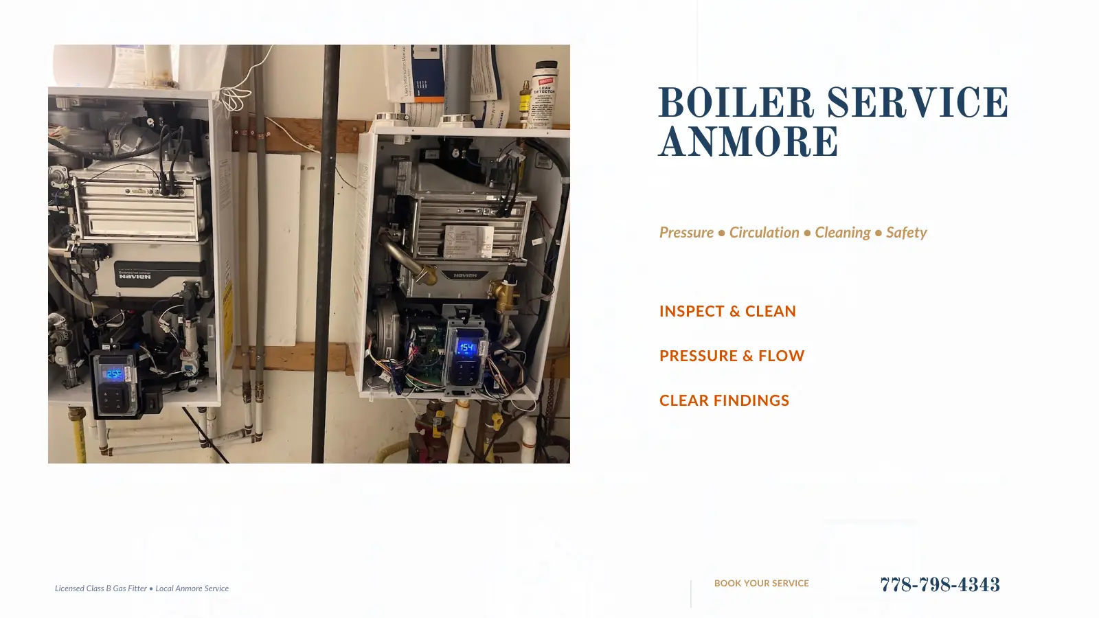 Open boilers undergoing pressure and circulation service checks in Anmore