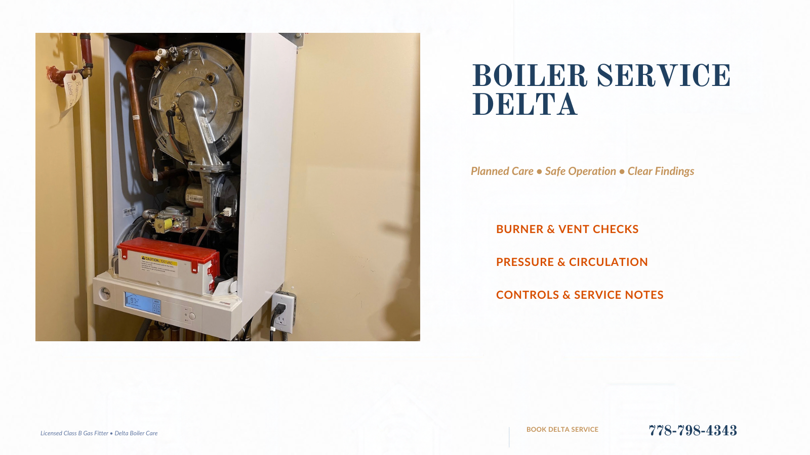 Boiler Service Delta banner with open Viessmann boiler and maintenance checks for burner, vent, pressure and controls