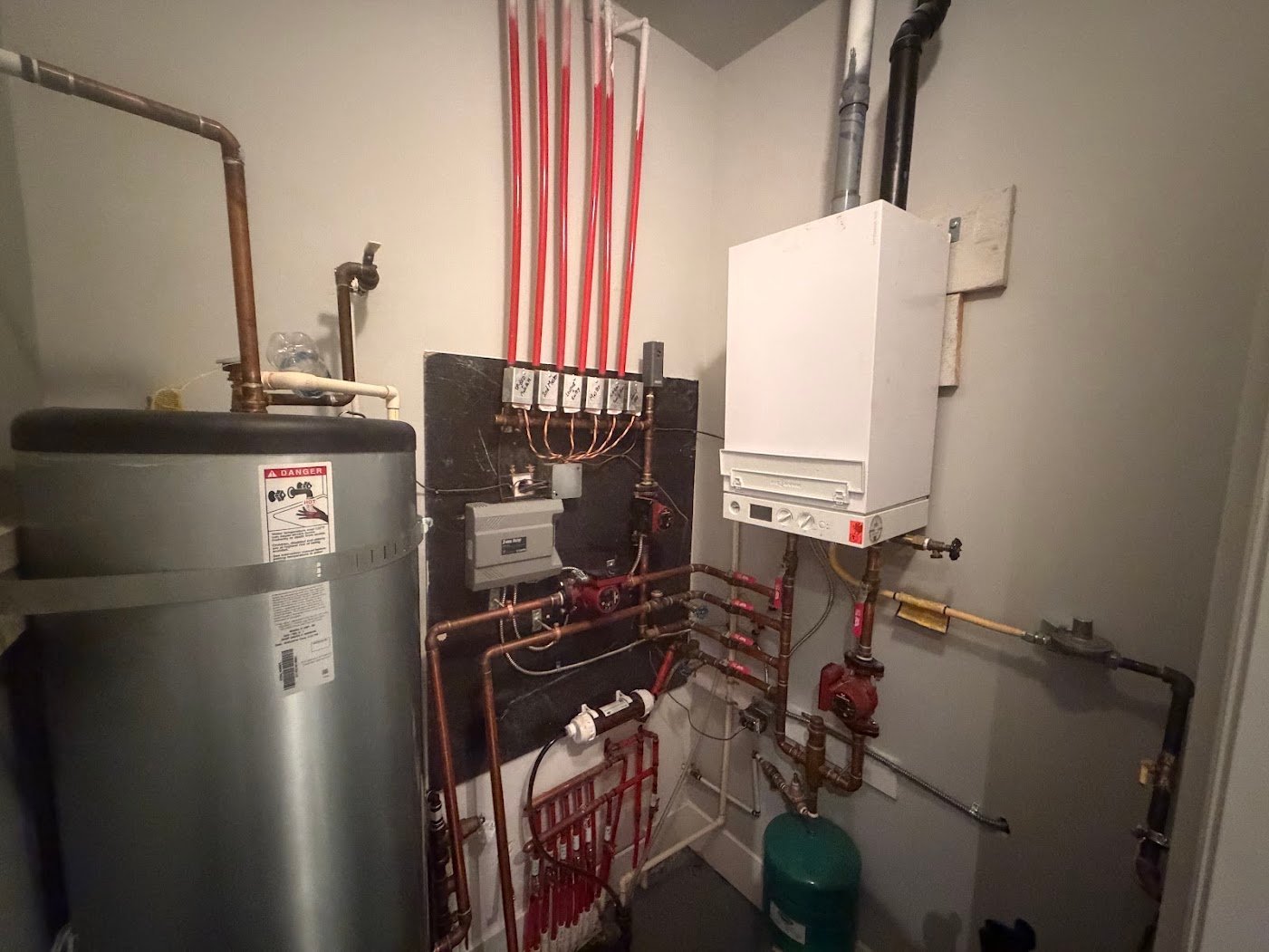 Installed boiler, circulation pumps and hydronic piping reviewed during Delta boiler service