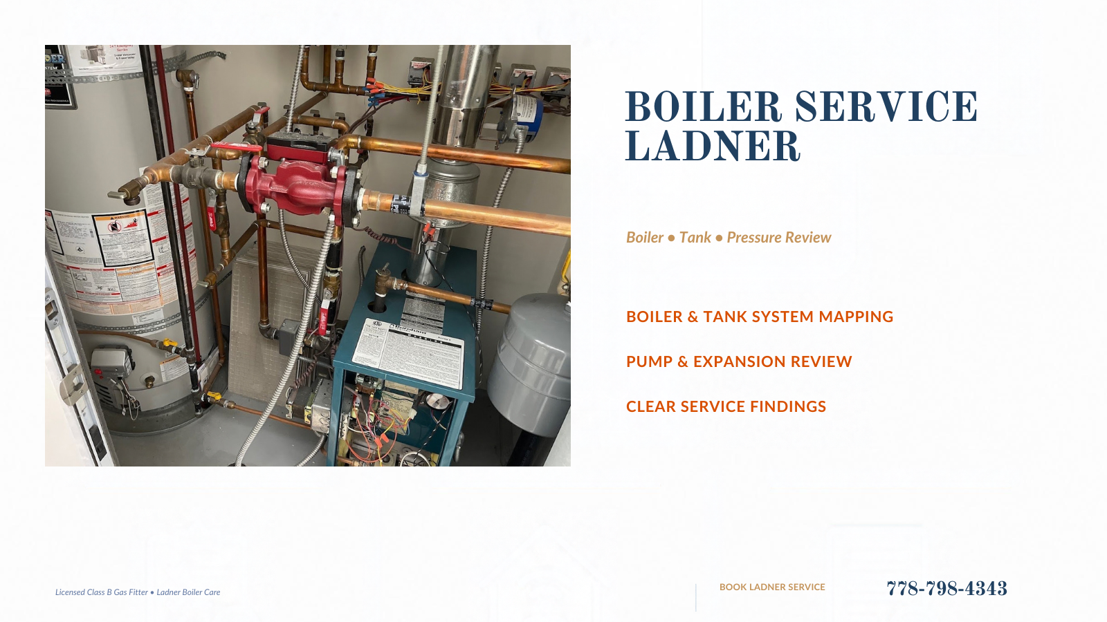 Boiler Service Ladner banner showing an original boiler, hot-water tank, pump and expansion vessel