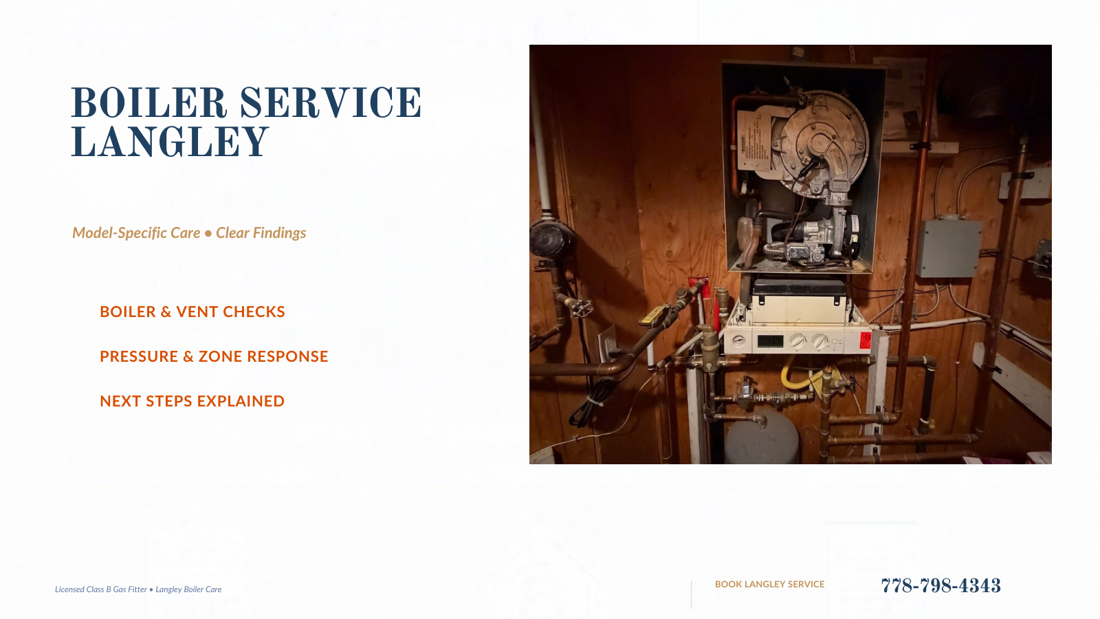 Boiler Service Langley banner with an open gas boiler and maintenance topics