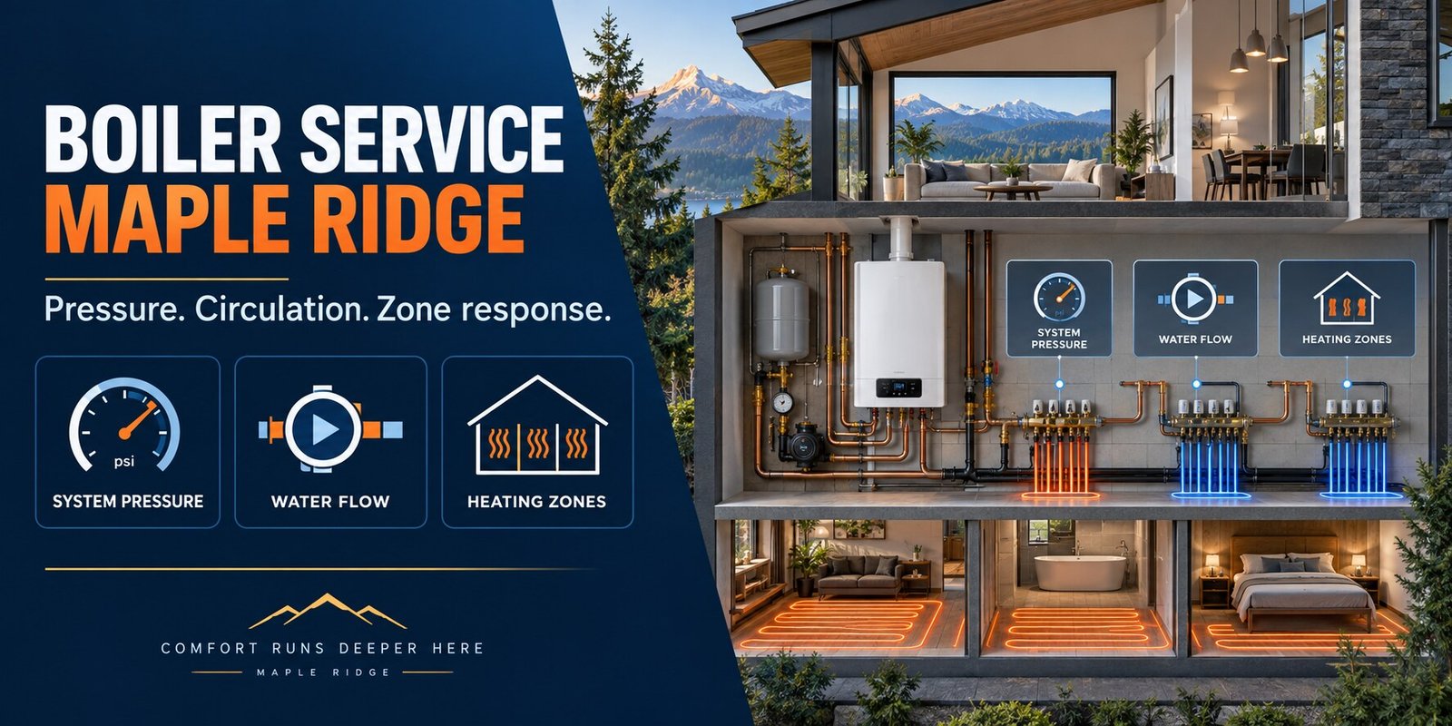 Boiler Service Maple Ridge showing system pressure, water flow and heating-zone response