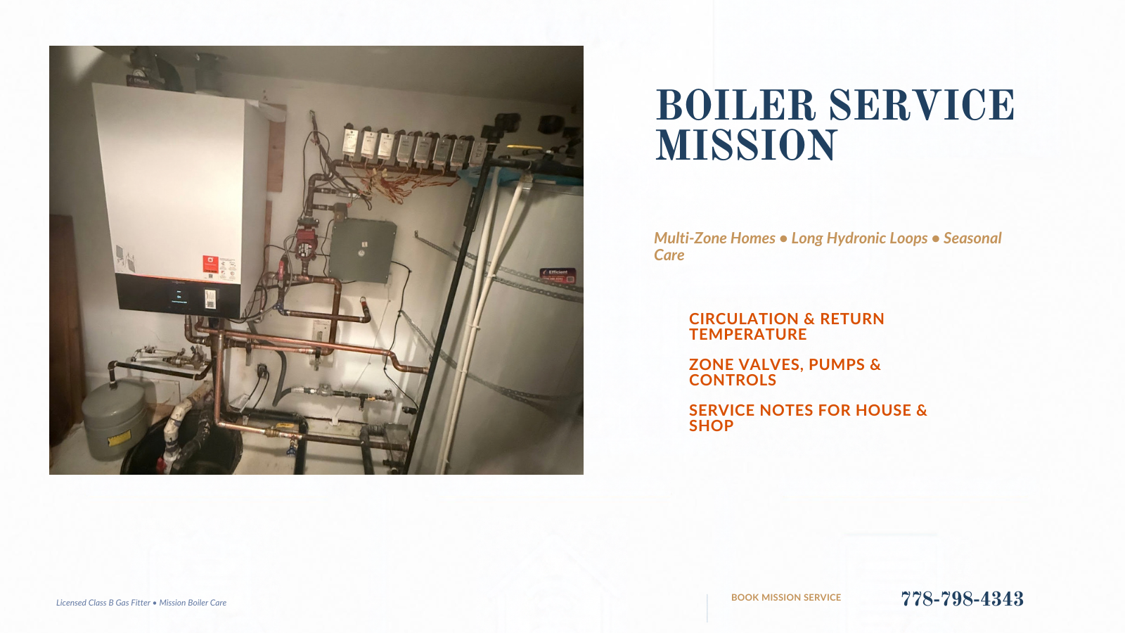 Mission boiler service banner showing an original multi-zone boiler system with pumps and controls