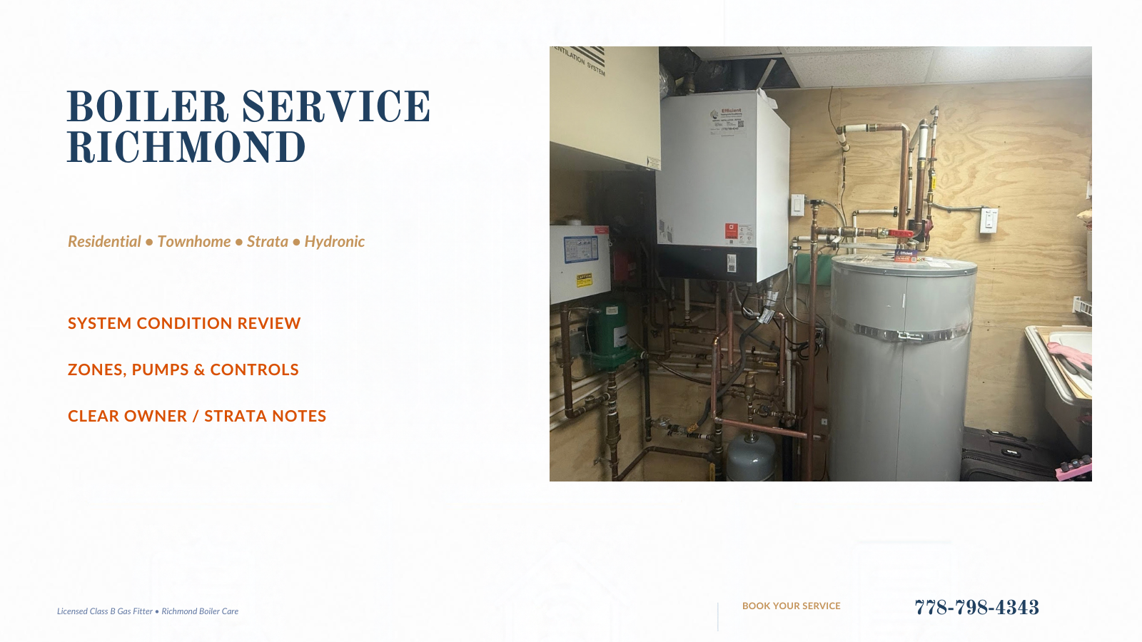 Newer original boiler and storage tank system reviewed during boiler service in Richmond