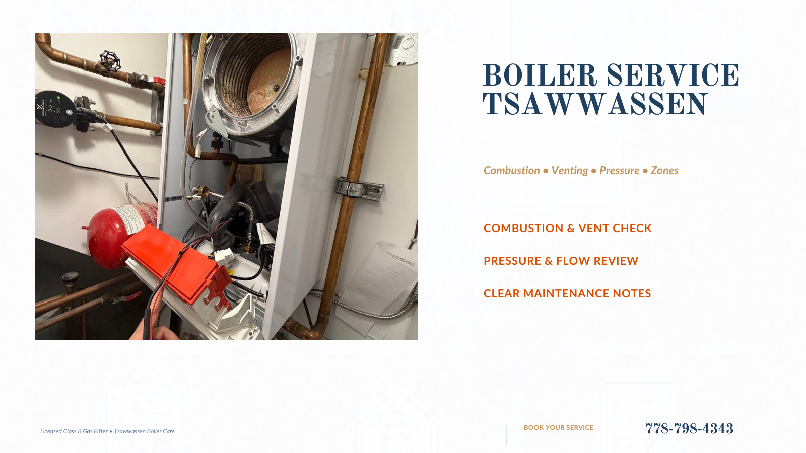 Open boiler heat exchanger being inspected during professional boiler service in Tsawwassen
